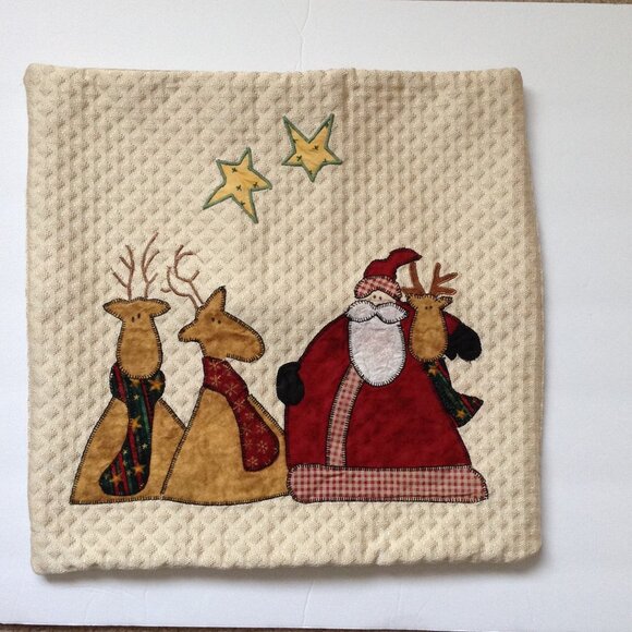 Christmas Cream Cushion Cover Applique Santa 16” Square Festive Home Decor - Picture 1 of 5